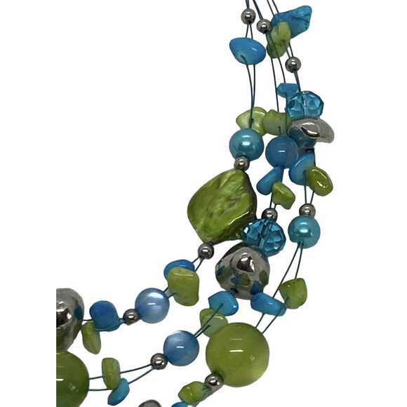 Multicolored Turquoise Stones Green Beads Three Strand Necklace Handcrafted - Picture 3 of 15